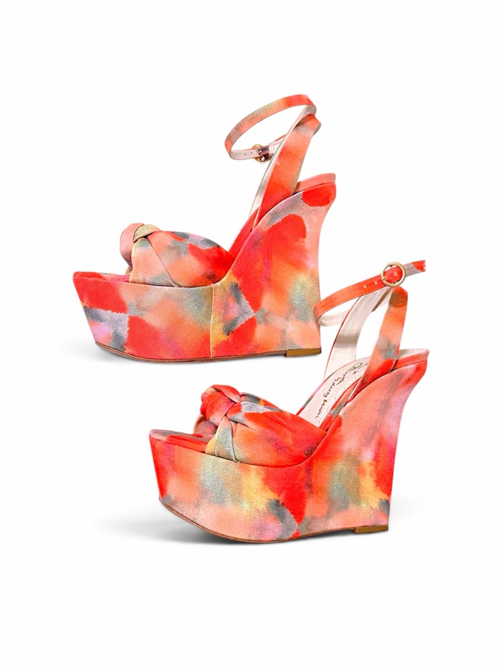 Alice & Olivia 6" wedge sandals, watercolor print, ankle strap, open front sz 7